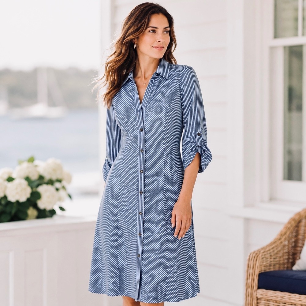 Parallel Skies Cotton Midi Shirtdress Blue White Stripe A-Line Coastal Preppy S